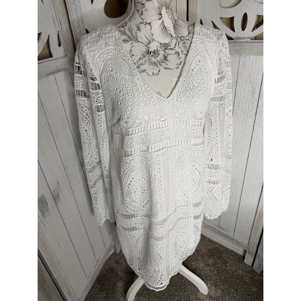 Lulu’s White Lace Crochet Dress Lace Boho Beach Midi V Neck Size Large